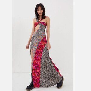 For Love & Lemons Rita Mixed Print Cutout Floral and Zebra Maxi Dress Sz XS